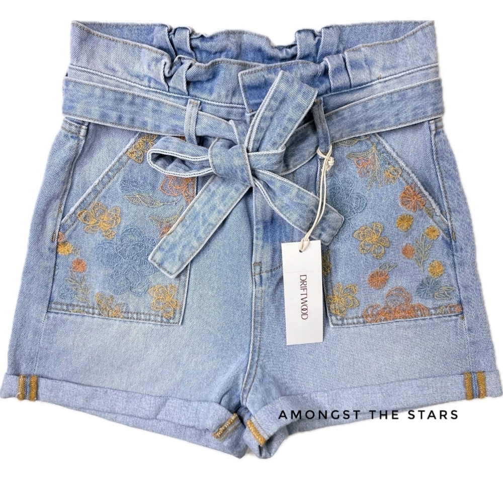 DRIFTWOOD Light Blue Denim Paperbag Waist Jean Shorts with Floral Embroidery
